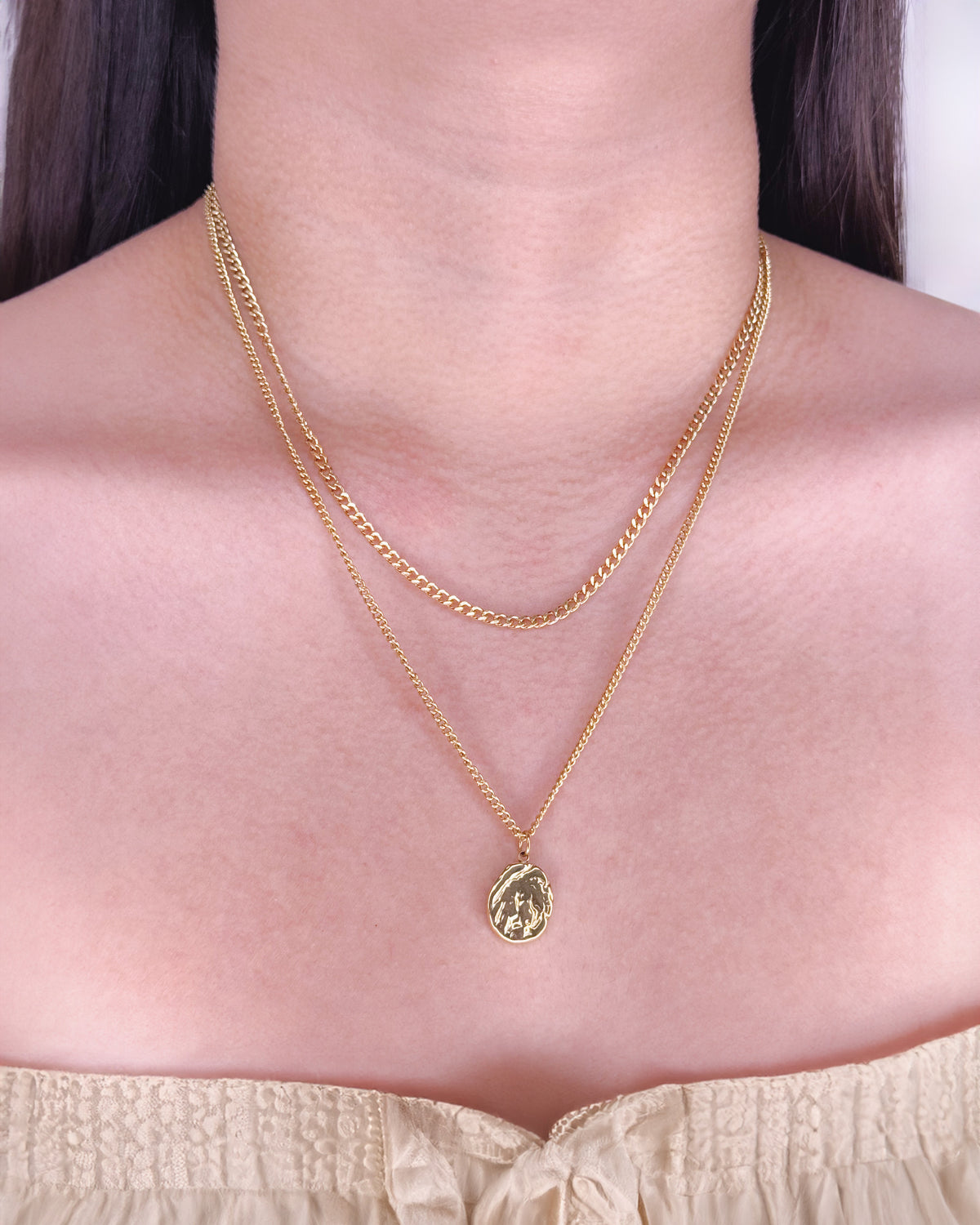 Bethany Double Layer Thick Curb Chain Thin Long Curb Chain Hammered Coin Pendant Gold Necklace