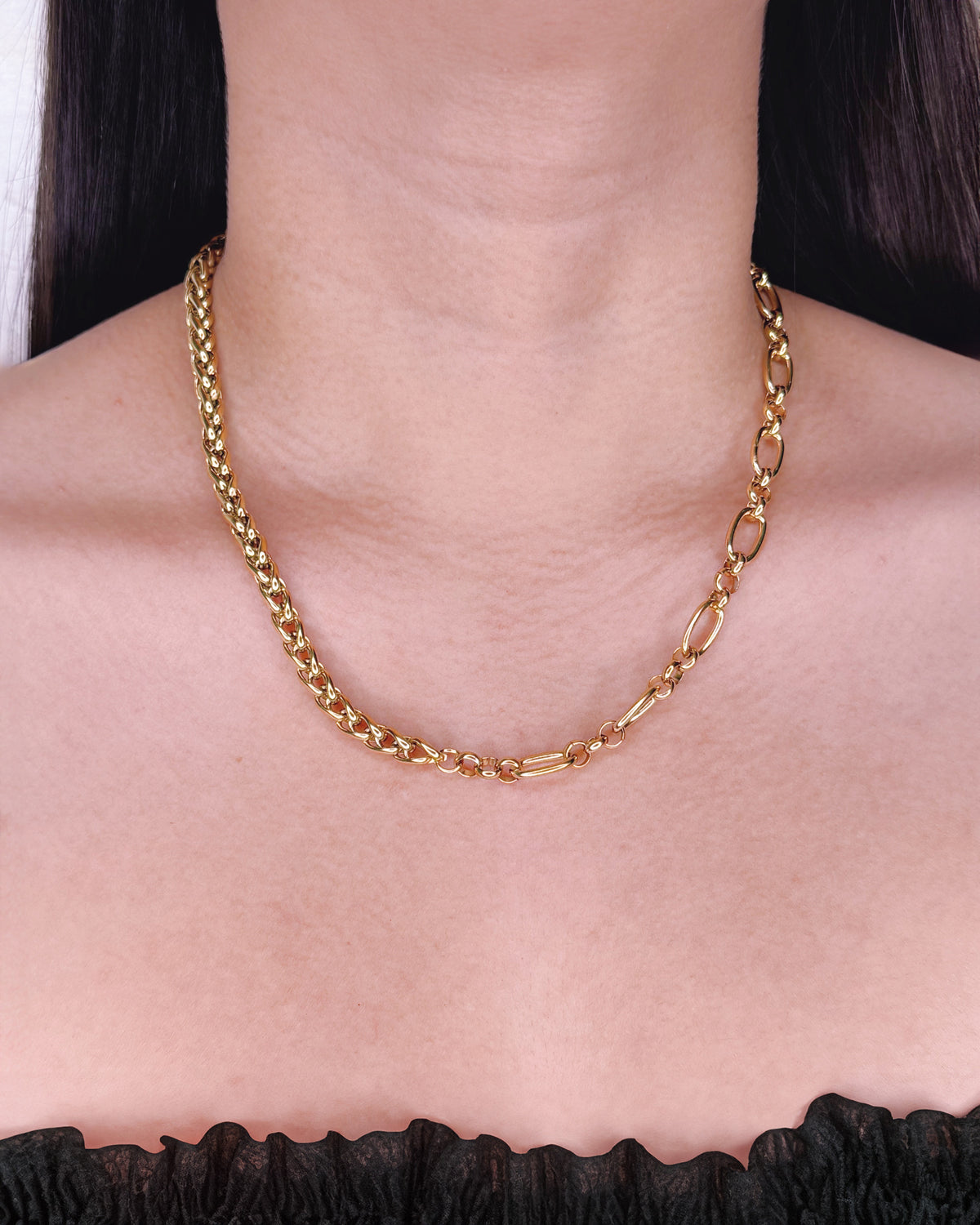 Blythe Dual Design Half Hoop Link Chain Half Rope Chain Design (Chain Only) Gold Necklace