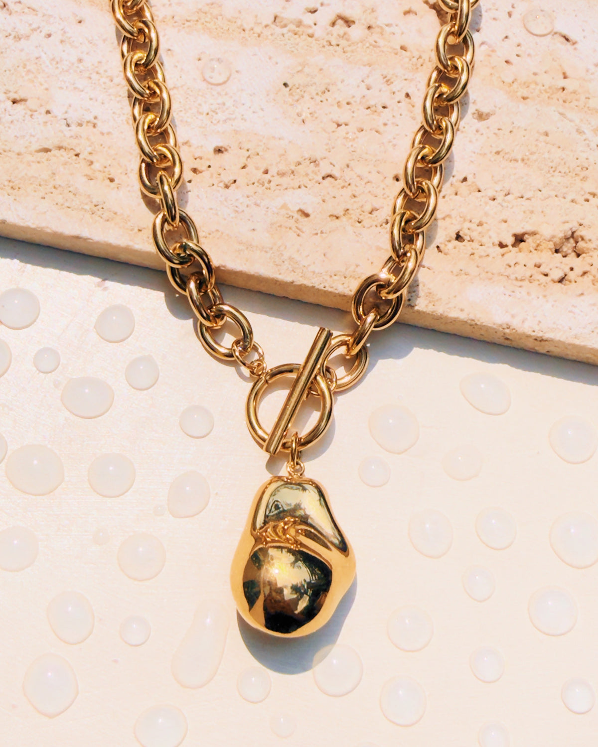 Olga Chunky Cable Link Chain Irregular Stone Design Pendant OT Lock Gold Necklace