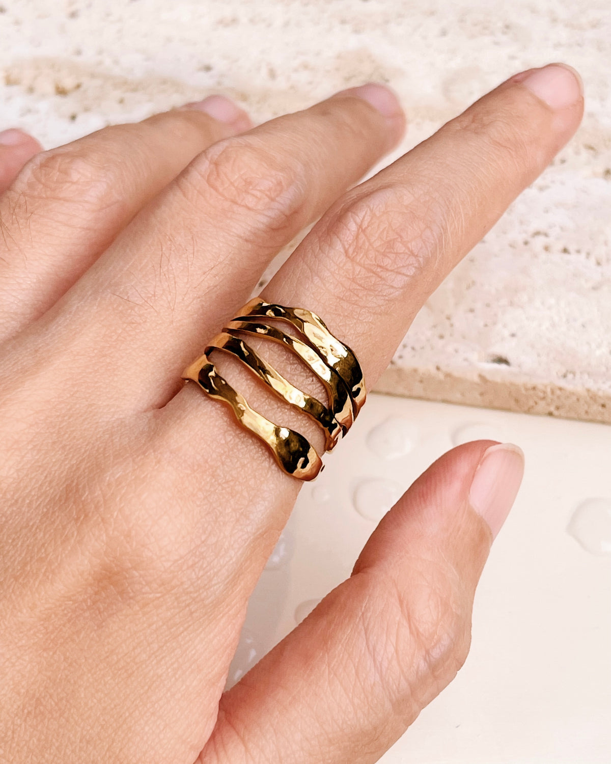 Charlotte (Gold) Wide Irregular Wavy Layered Design Open Gold Ring