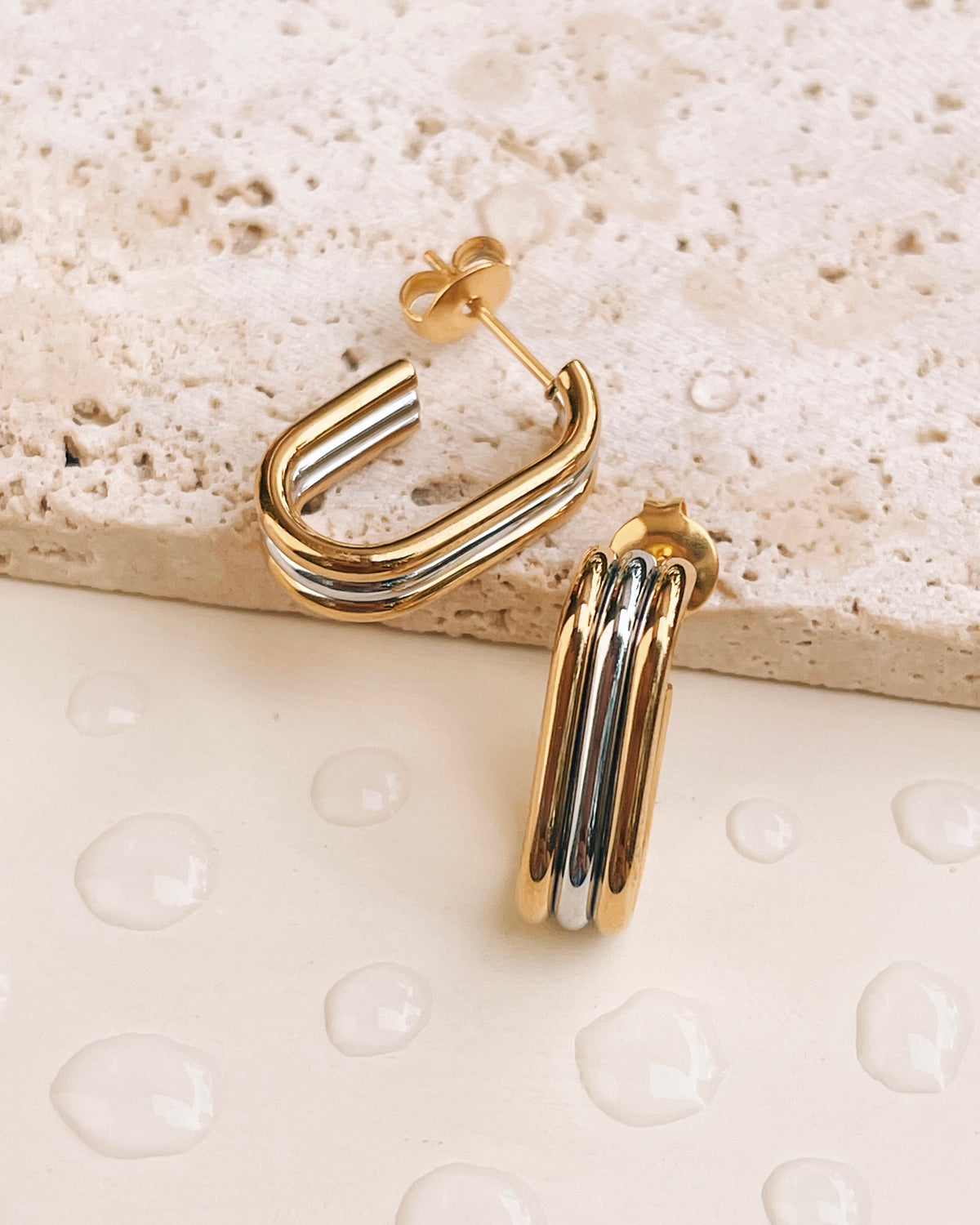 Alma (Two Tone) Stacked Triple Layer Silver Middle Gold J-Shaped Layered Look Hoops