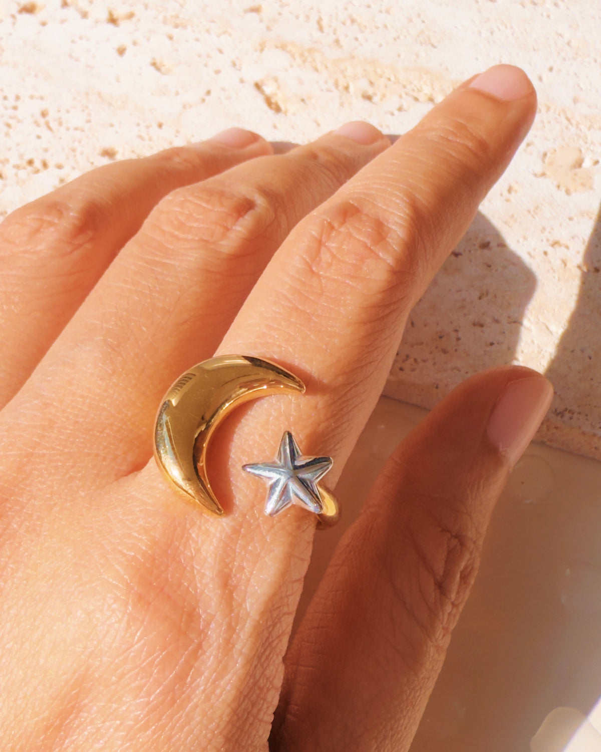 Paxton Two Tone Dual Top Head Silver Star Gold Moon Design Open Ring