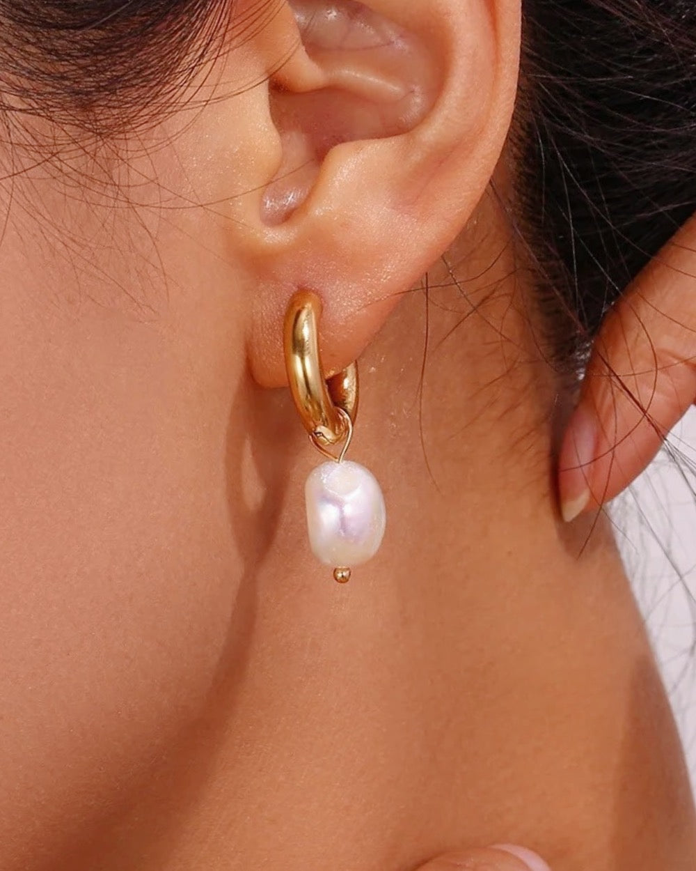 Ivanna Baroque Freshwater Pearl Dangle Round Thick Gold Huggies