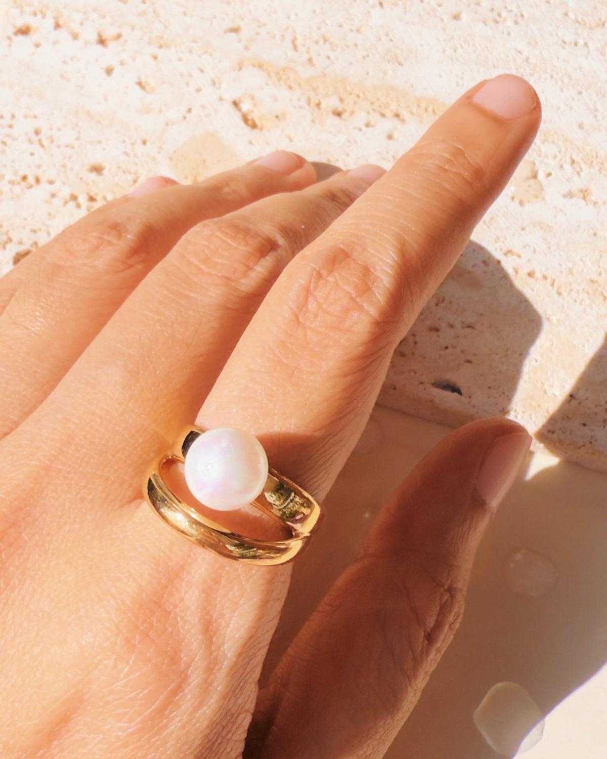 Quest Double Layer Split Hollow Pearl Top Head Design Gold Ring