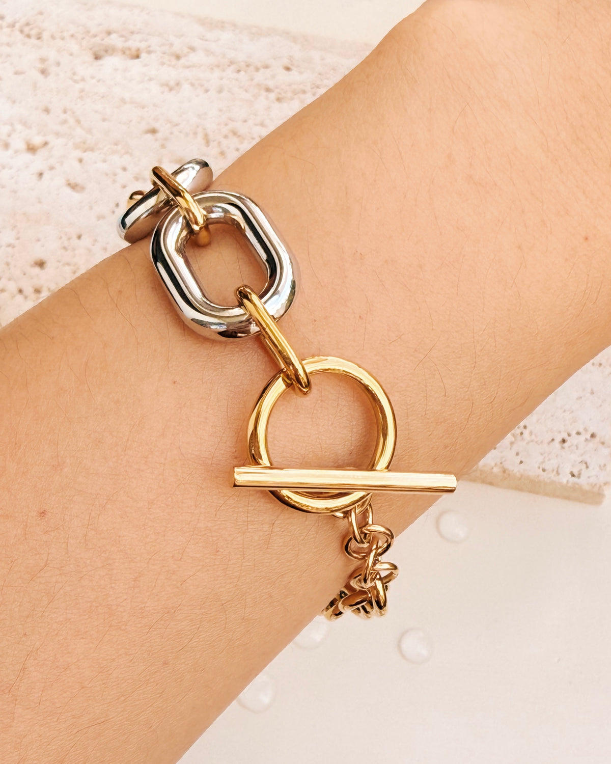 Clarene (Two Tone) Dual Design Half Small Round Hoops Gold Chain Half Big Oval Link Silver Chain O/T Lock Bracelet