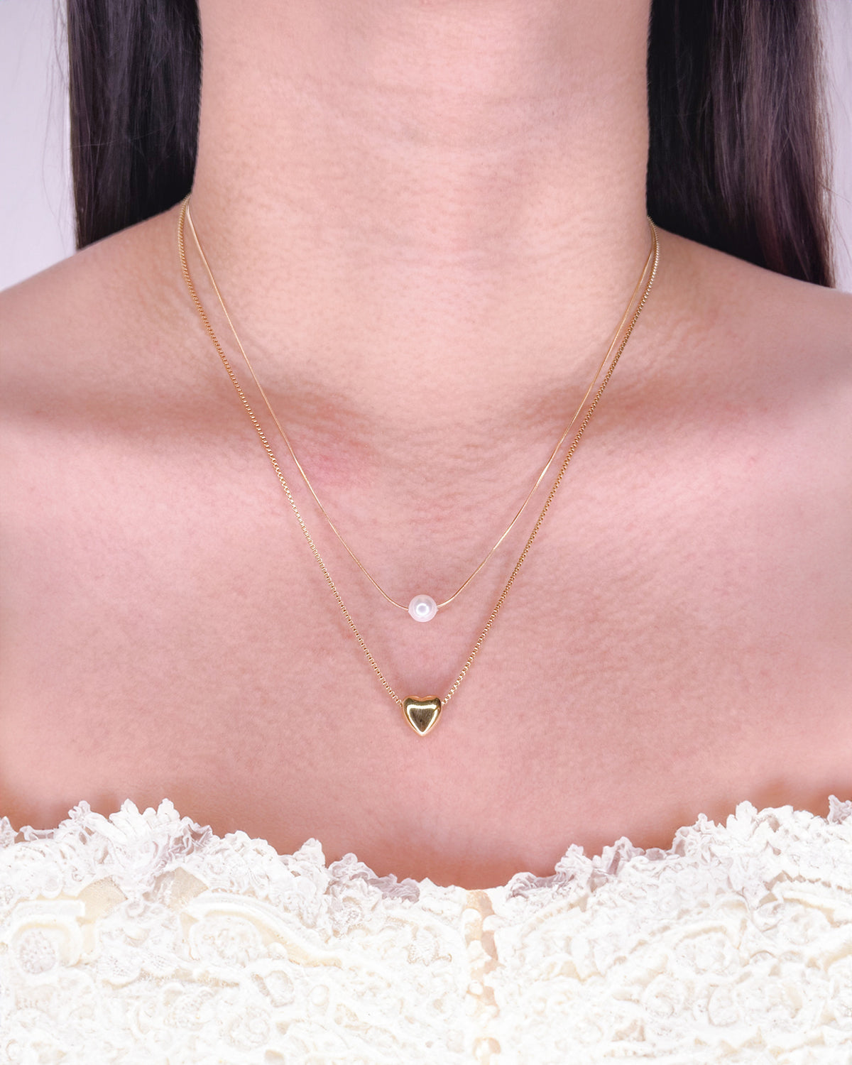 Cathaline Double Layer Thin Snake Chain Pearl Pendant Box Chain Solid Heart Pendant Gold Necklace