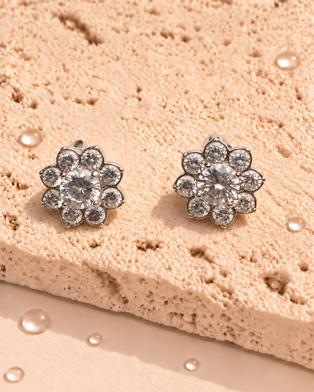 Isla (Silver) Sunflower Shaped All Zircon Paved Bezel Set Silver Stud Earrings