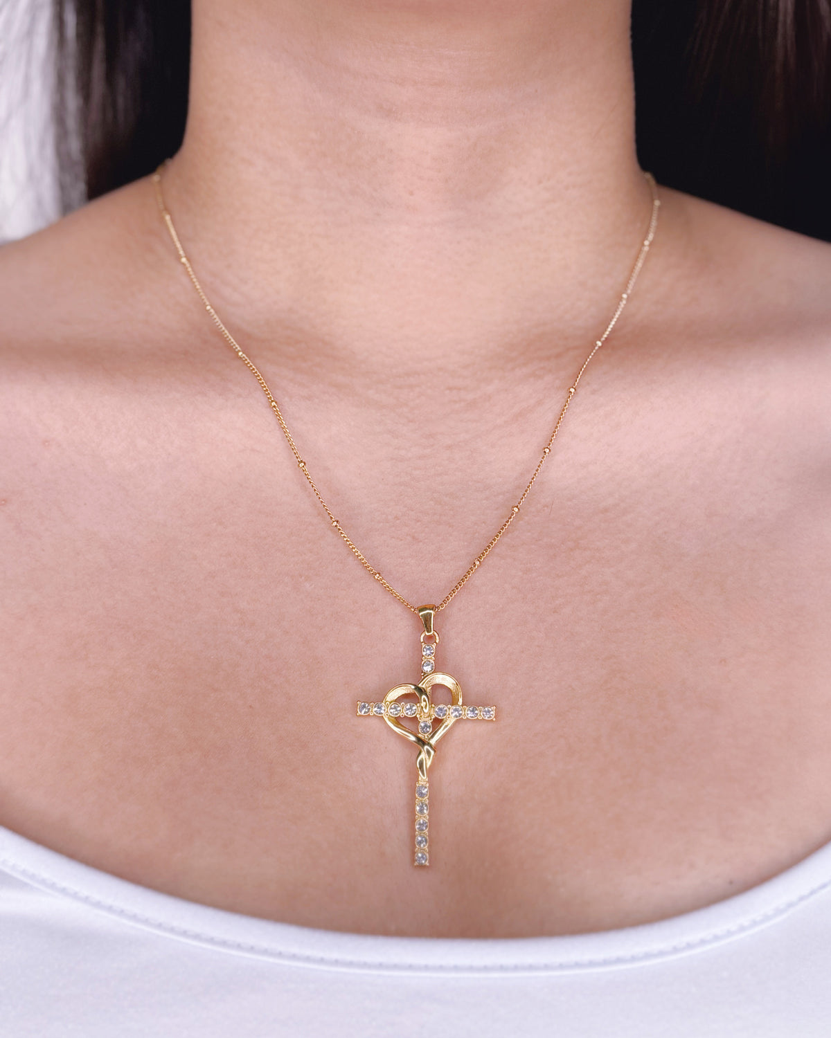 Ciela Zircon Paved Cross Heart Interlaced Pendant Ball Beaded Thin Curb Chain Gold Necklace