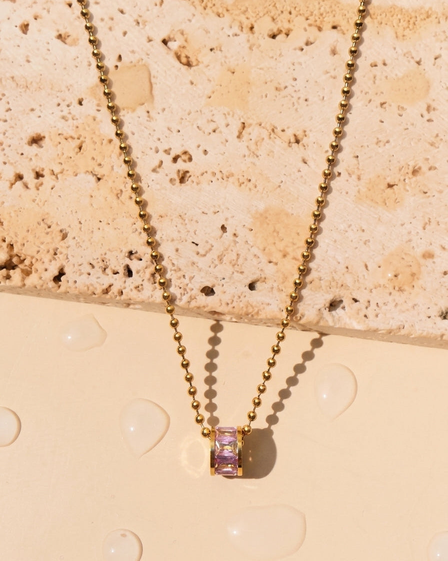 Clarabelle Pink Zircon Inlaid Set Wide Ring Design Pendant Ball Beads Link Chain Gold Necklace