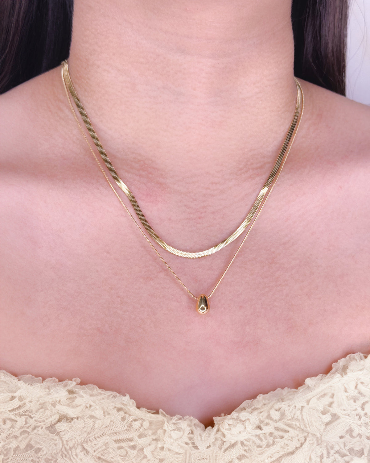 Colette Double Layer Wide Flat Snake Chain Thin Long Snake Chain Water Drop Pendant Gold Necklace