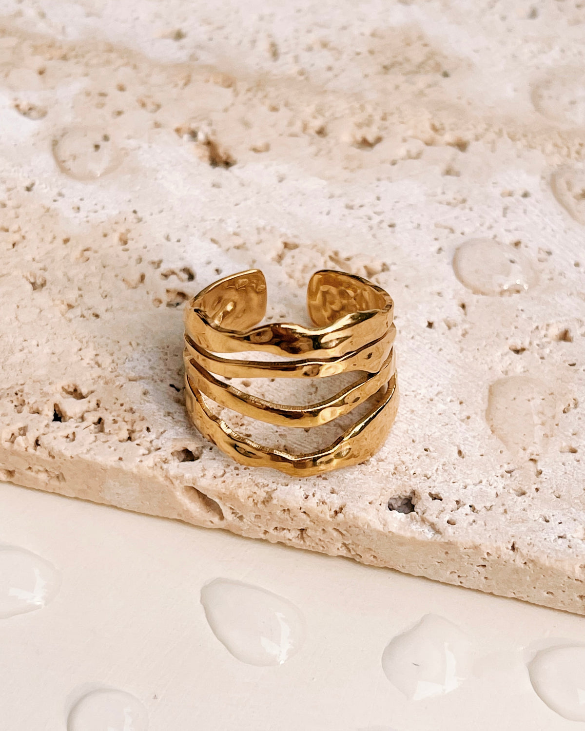 Charlotte (Gold) Wide Irregular Wavy Layered Design Open Gold Ring