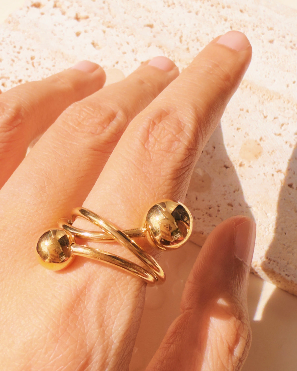 Paulette Dual Top Head Round Ball Tip Coiled Triple Layer Look Design Gold Open Ring