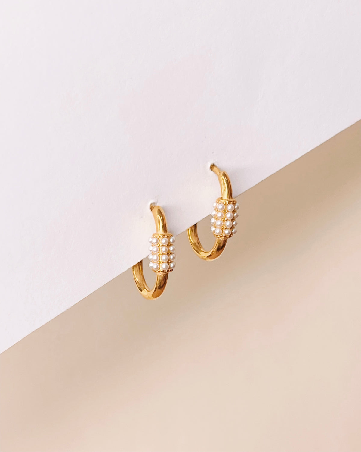 Mina Carabiner Shaped Imitation (Shell) Pearl Paved Gold Hoops