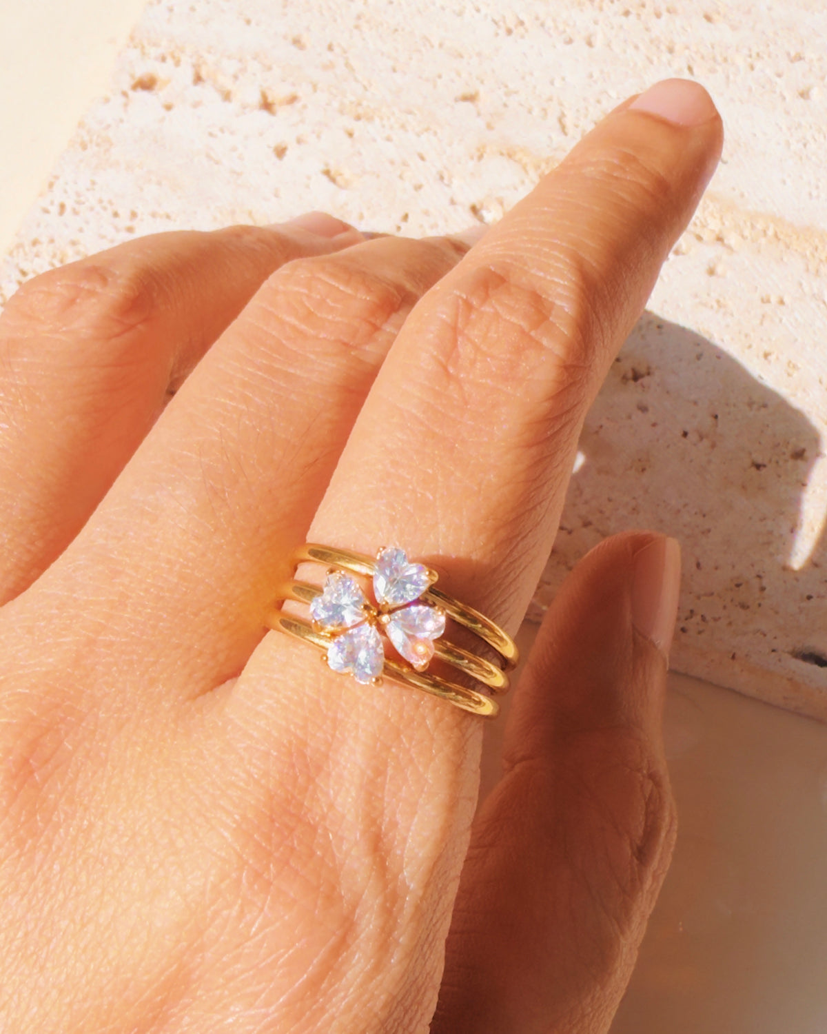 Patricia (Bundle Set) Triple Layer Zircon Heart Shaped Top Head Design Thin Band Clover Leaf Shaped Stackable Ring