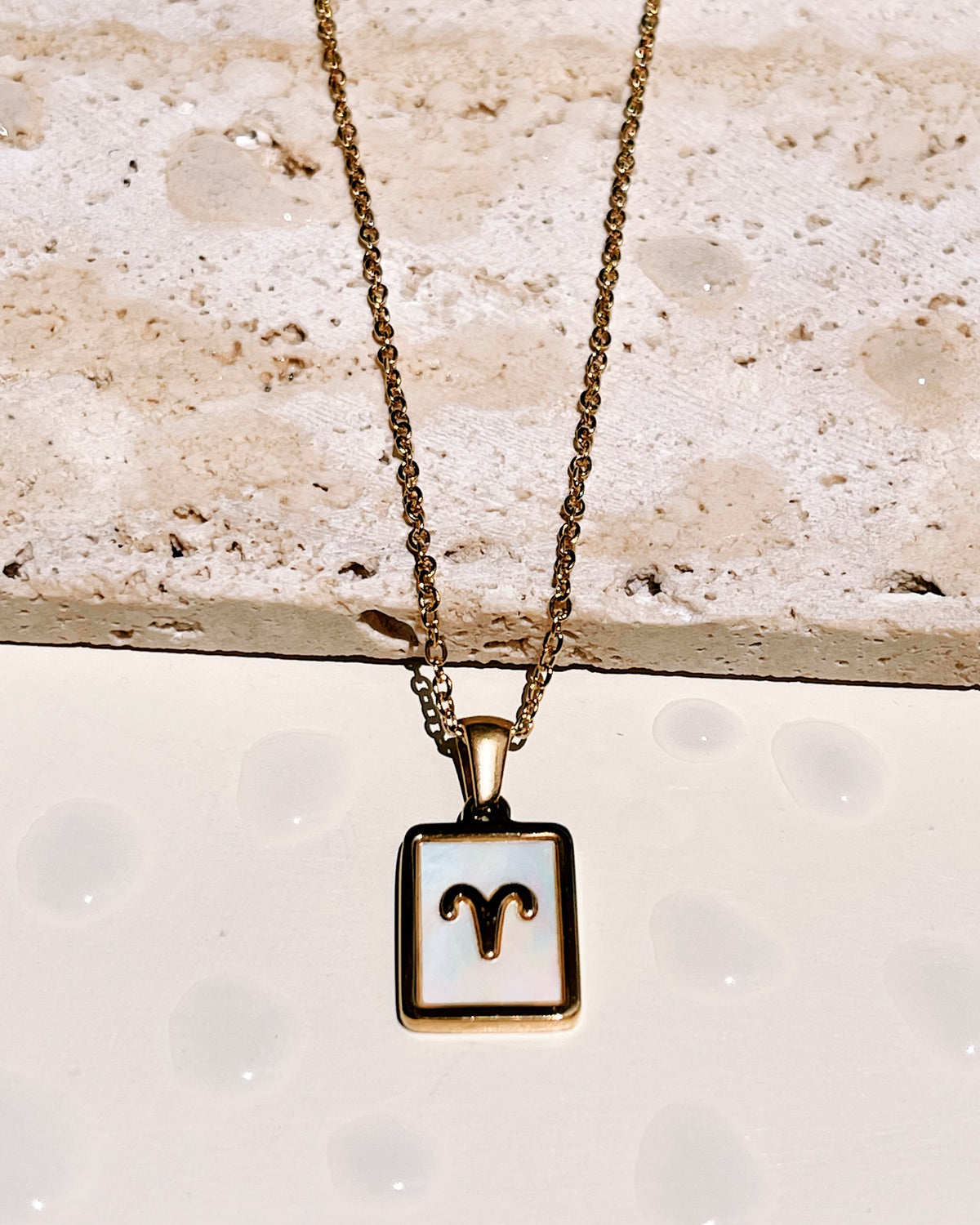 Camila Shell Zodiac Sign Square Framed Pendant Link Chain Gold Necklace