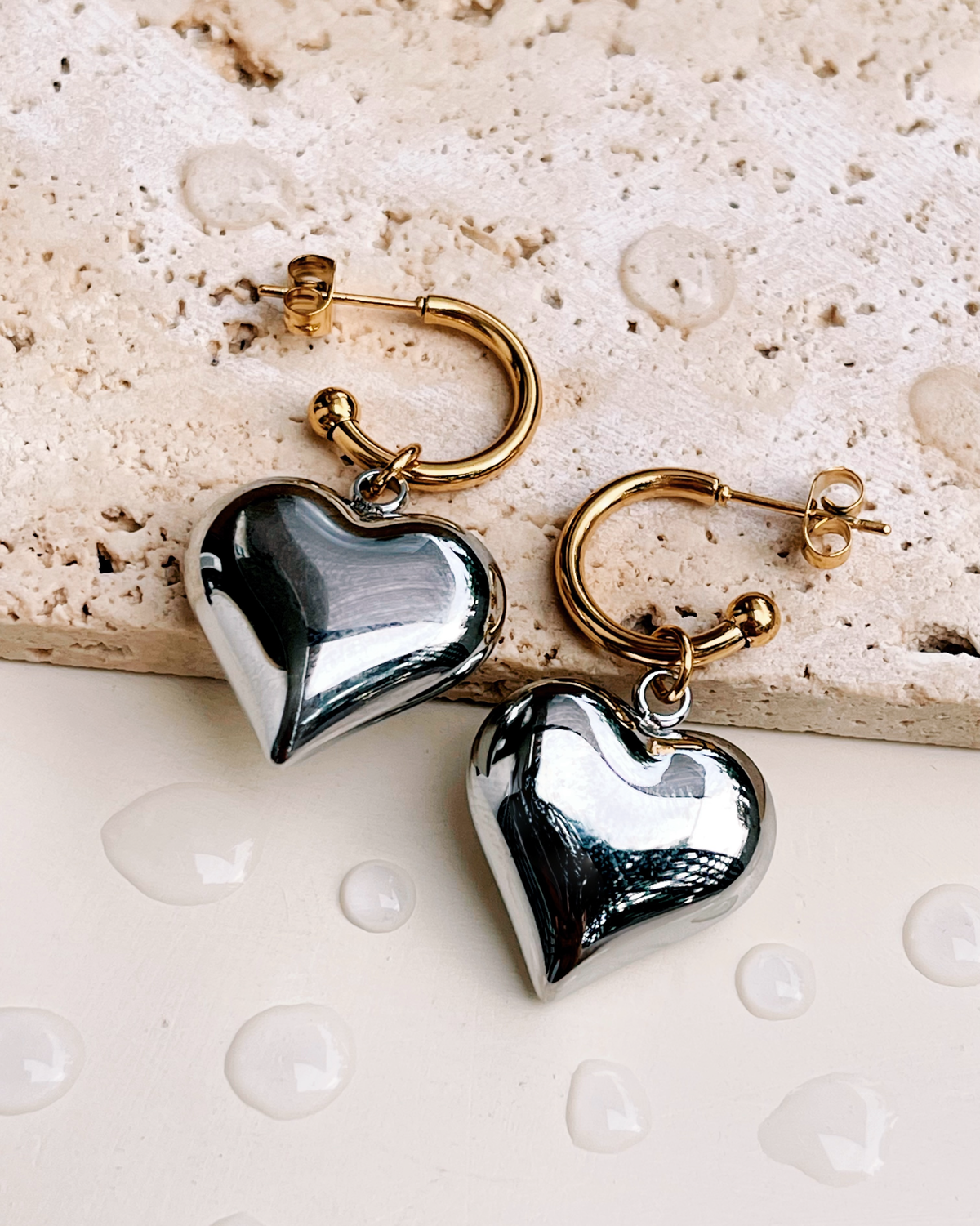 Betsy (Two Tone) Gold C-Shaped Huggies Stud Silver Solid Heart Dangle Design Drop Earrings