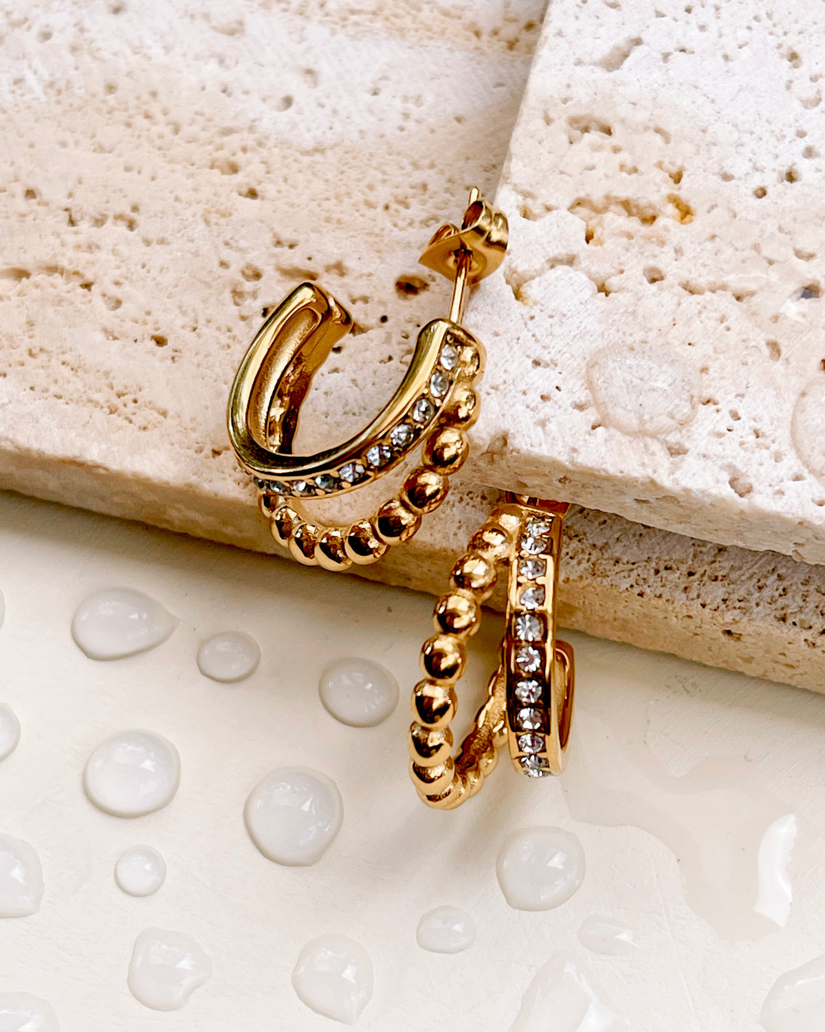 Kennedy Double Layer C-Shaped Beads Chain Zircon Paved Layered Look Gold Hoops