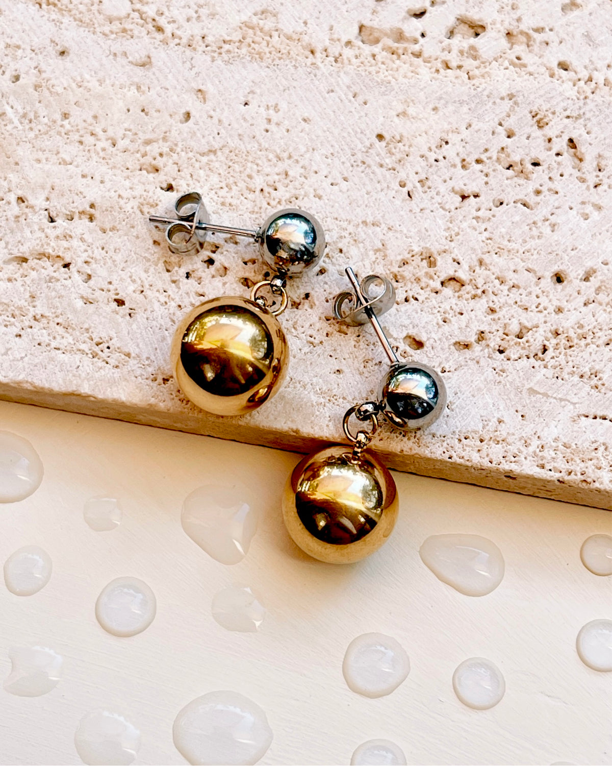 Jolie Two Tone Silver Round Stud Gold Ball Pendant Drop Earrings