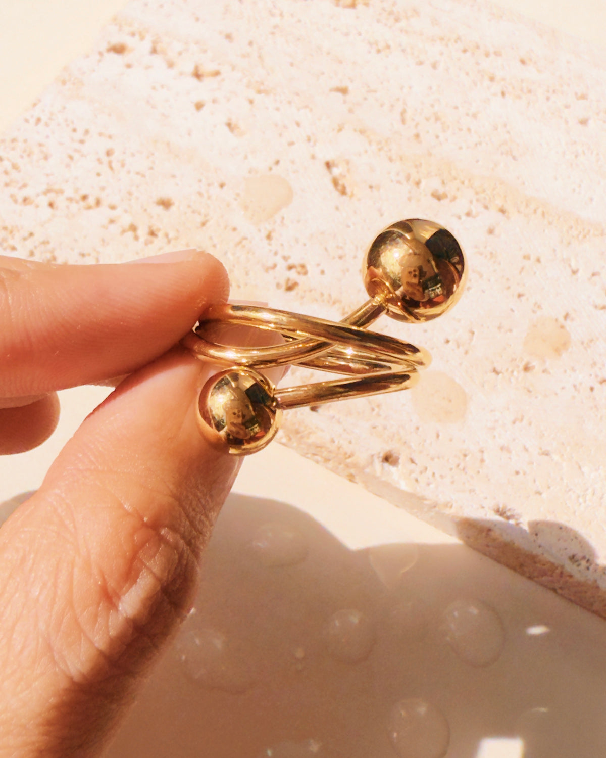 Paulette Dual Top Head Round Ball Tip Coiled Triple Layer Look Design Gold Open Ring