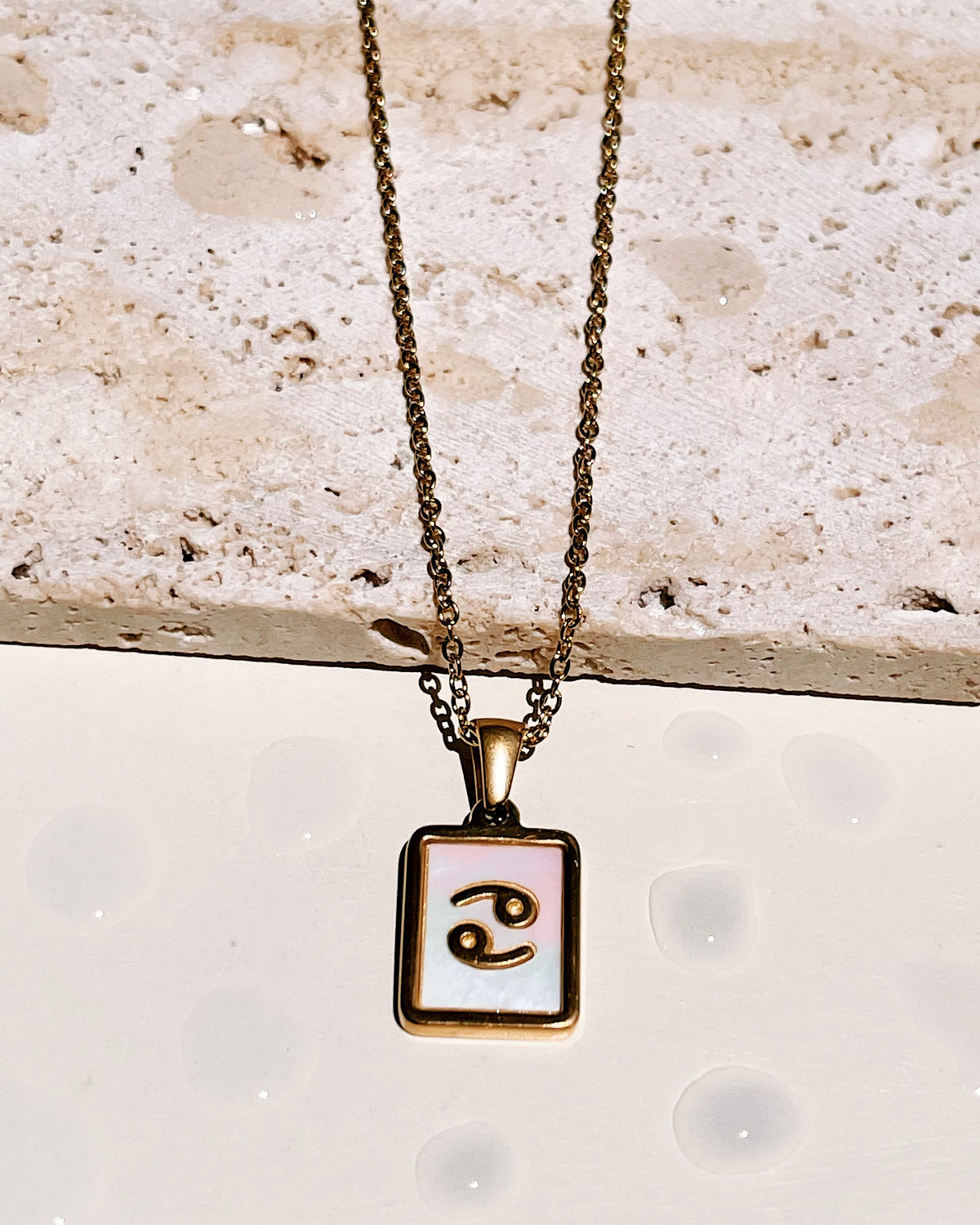 Camila Shell Zodiac Sign Square Framed Pendant Link Chain Gold Necklace