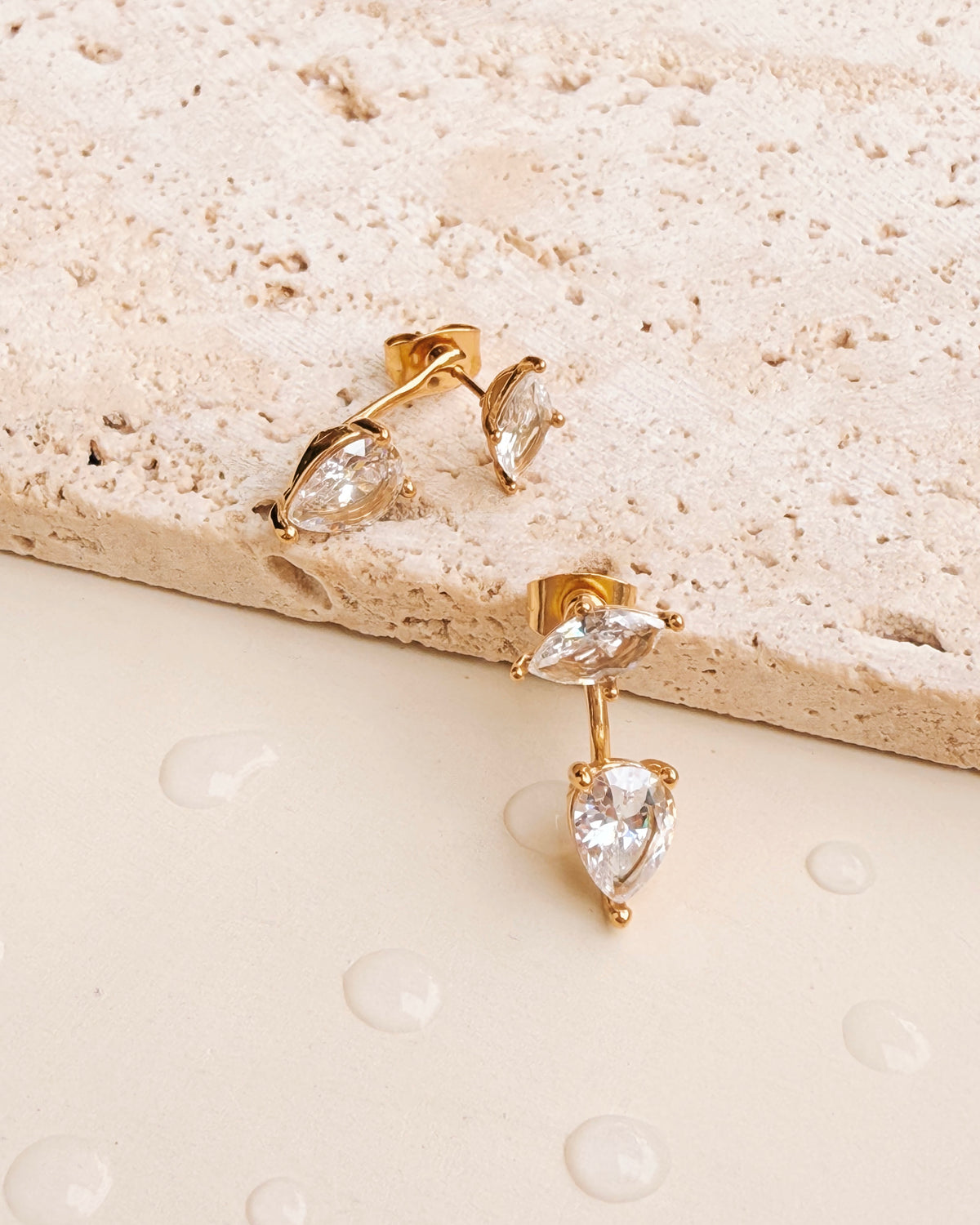 Dale Oval Shaped Crowned Set Zircon Gold Stud Teardrop Shaped Crowned Set Zircon Drop Earrings