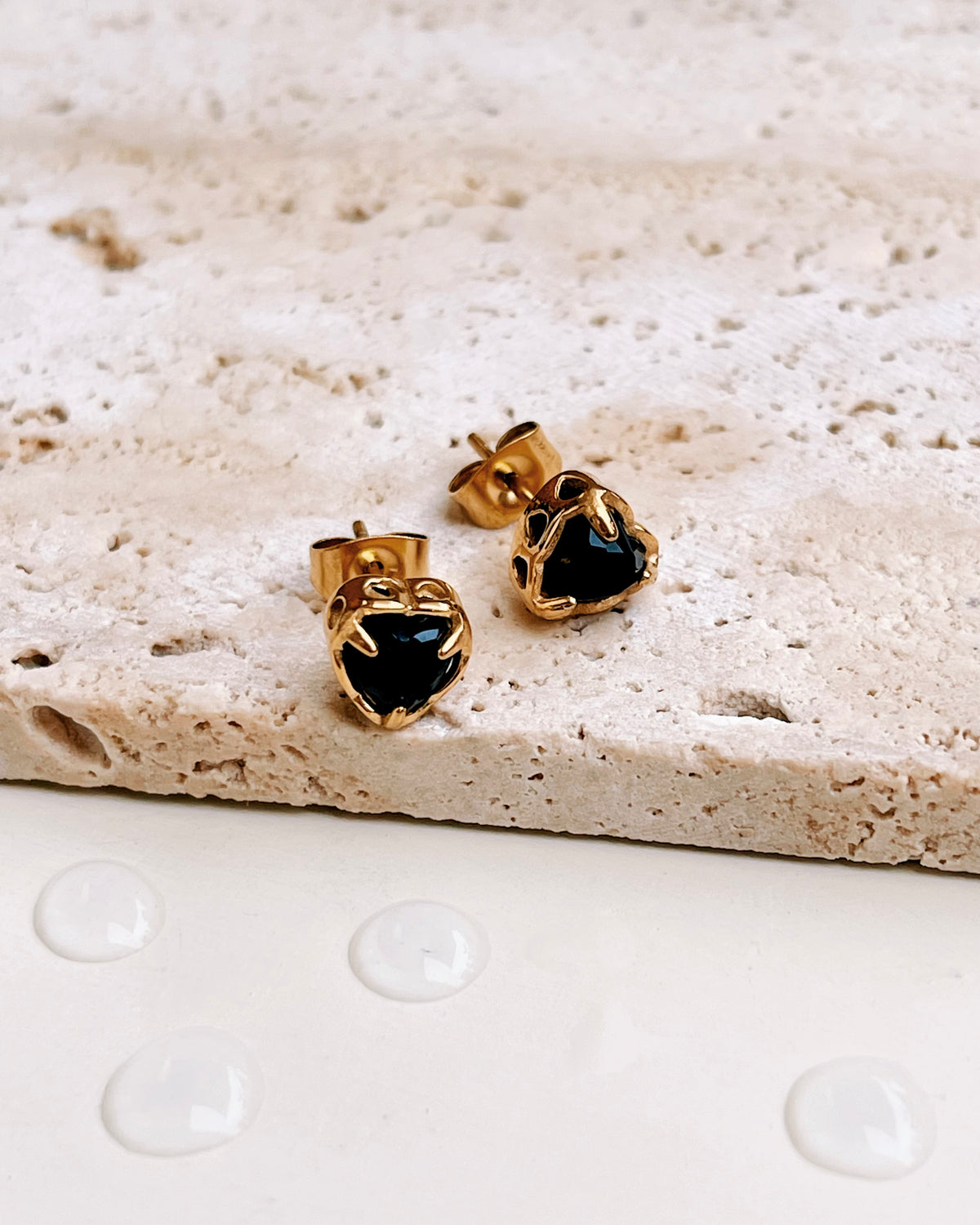 Indiana Black Zircon Heart Shaped Bezel Set Gold Studs