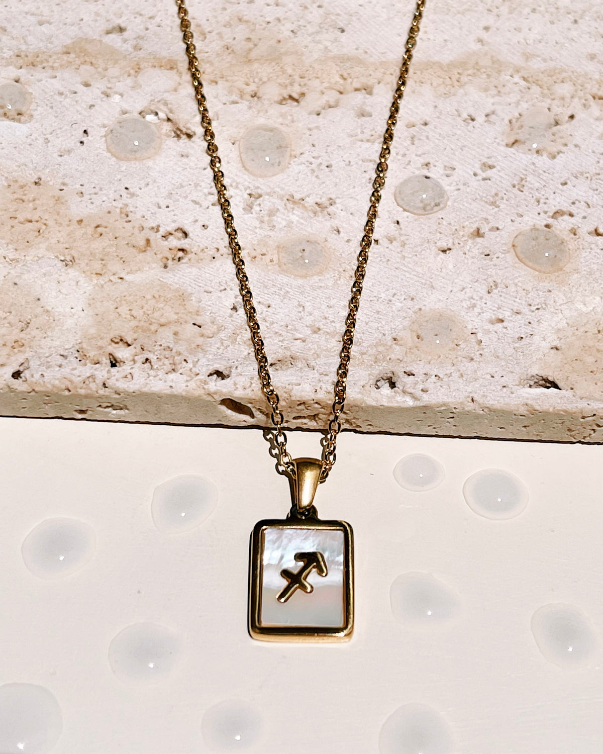 Camila Shell Zodiac Sign Square Framed Pendant Link Chain Gold Necklace