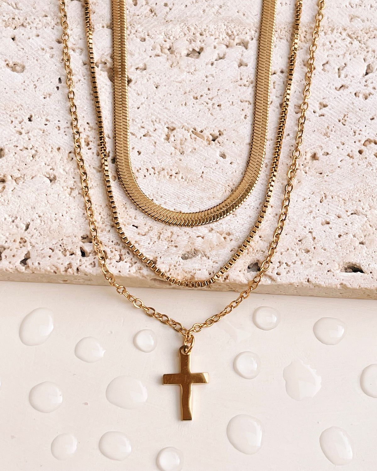 Arden Triple Layer Box Chain Flat Snake Chain Thin Curb Chain Cross Pendant Gold Necklace