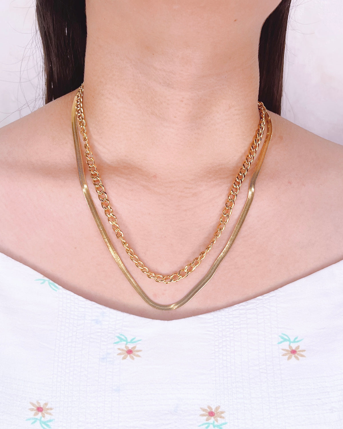 Alessia Double Layer Classic Curb and Snake Chain Design (Chain Only) Necklace