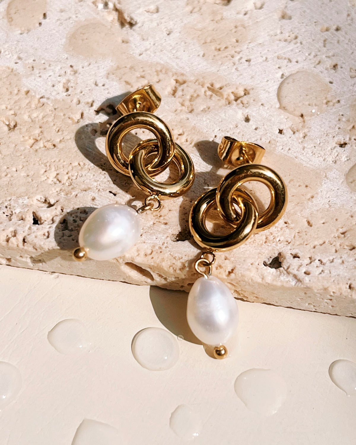 Adeline Baroque Freshwater Pearl Two Interlaced Round Hoops Stud Dangle Gold Drop Earrings