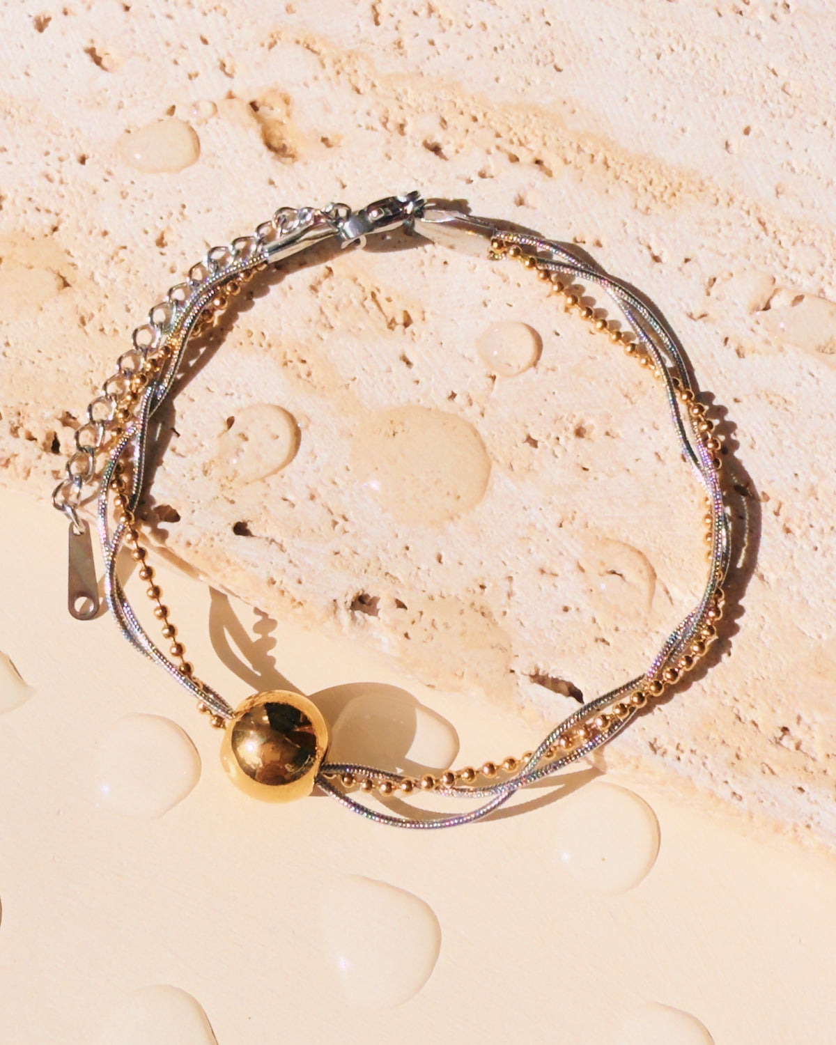 Onyx Two Tone Twisted Triple Layer Silver Snake Chain Gold Ball Beads Chain Round Gold Ball Pendant Bracelet