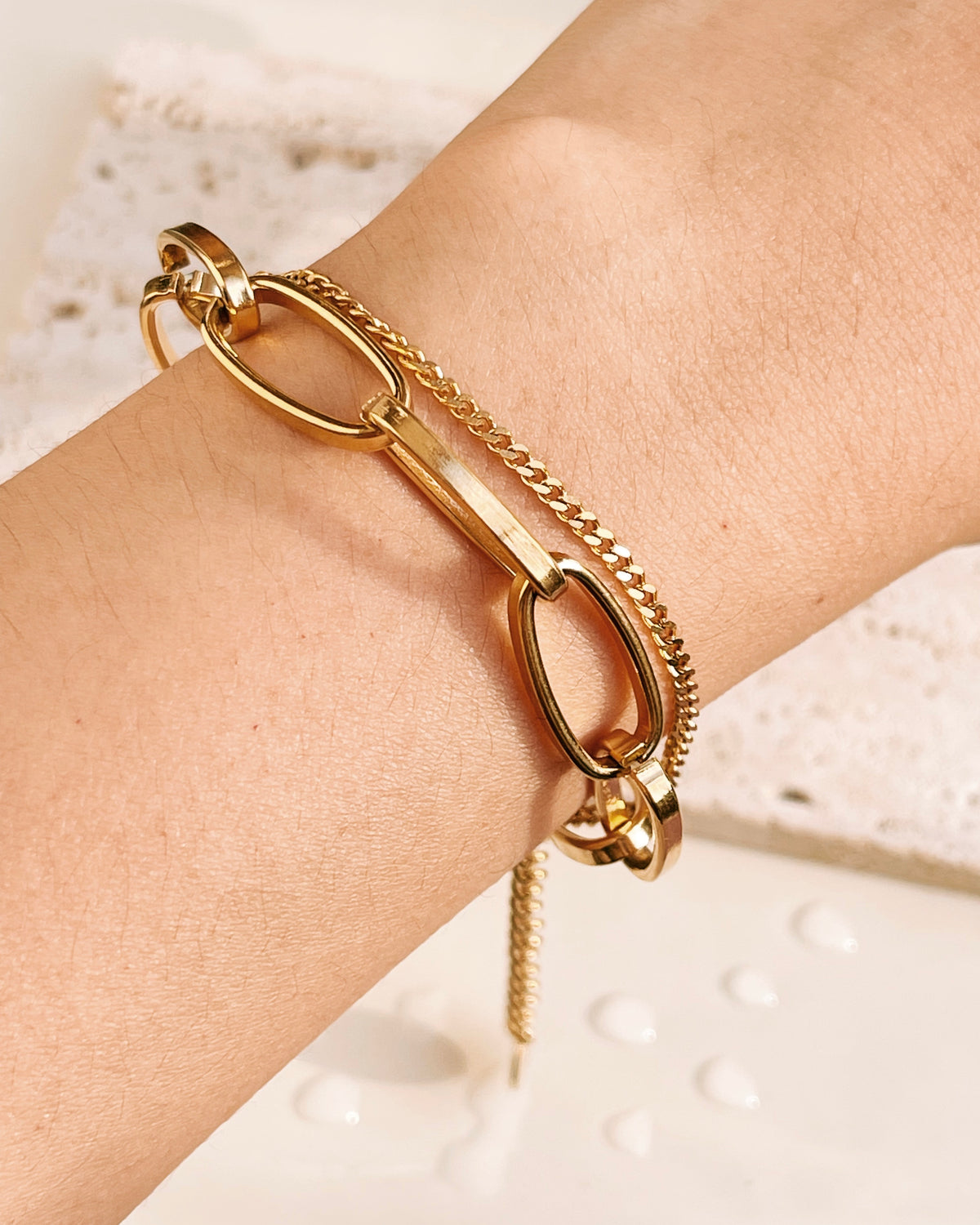 Bryce Double Layer Intertwined Curb Chain Paperclip Chain Gold Bracelet