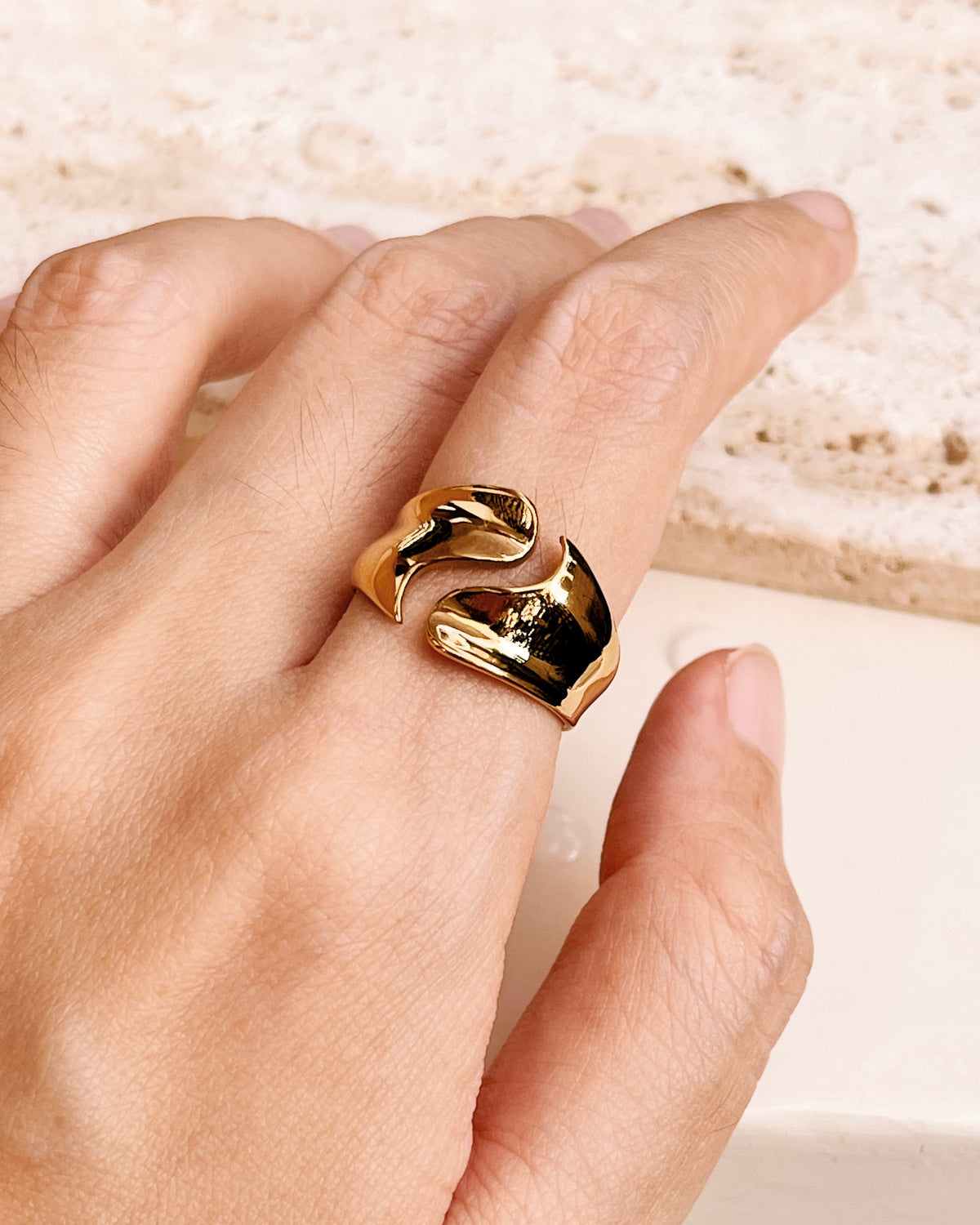 Bella Chunky Wide Irregular Flowy Design Open Gold Ring