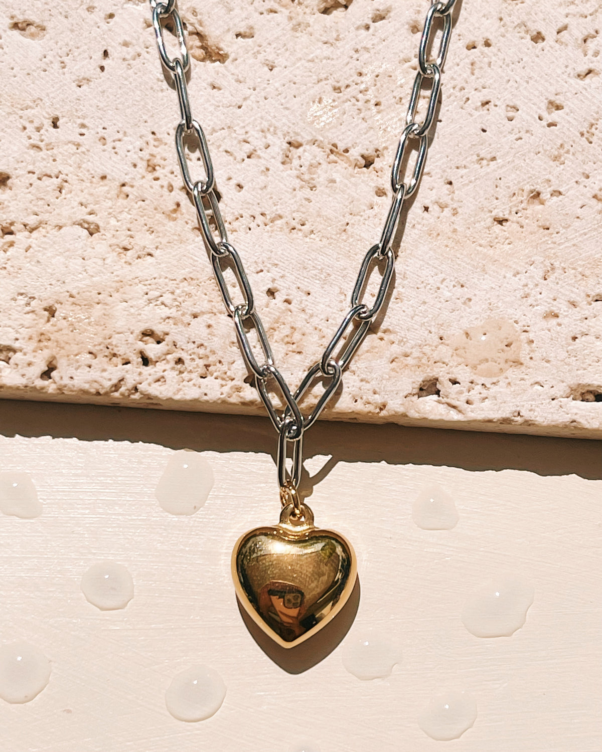 Adelaide (Two Tone) Silver Paper Clip Chain Design Gold Heart Pendant Necklace