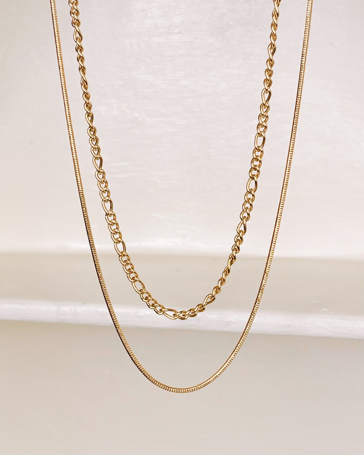Yvette Double Layer Figaro and Snake Chain Gold Necklace