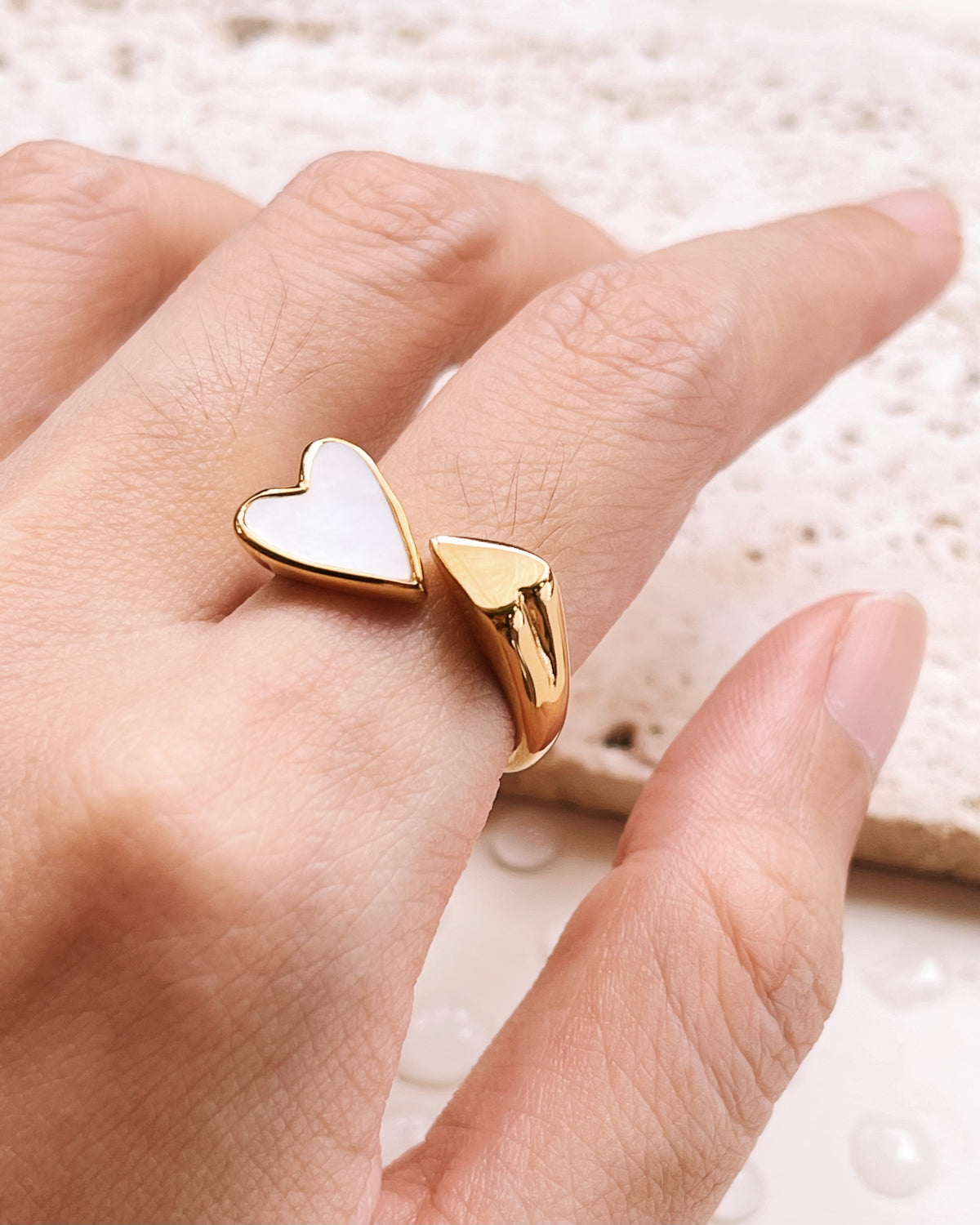 Izzie Solid and Shell Stone Two Hearts Interlock Design Gold Ring