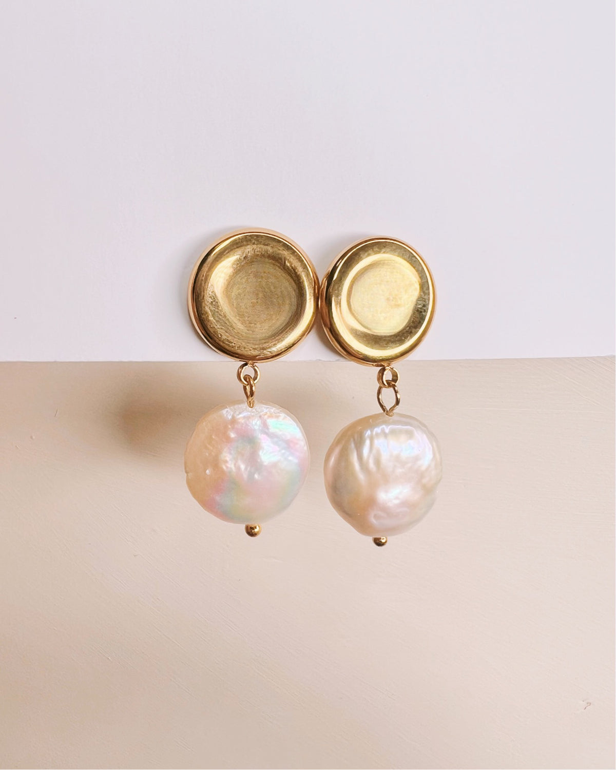 Tyra Flat Baroque Freshwater Pearl Dangle Button Design Gold Studs