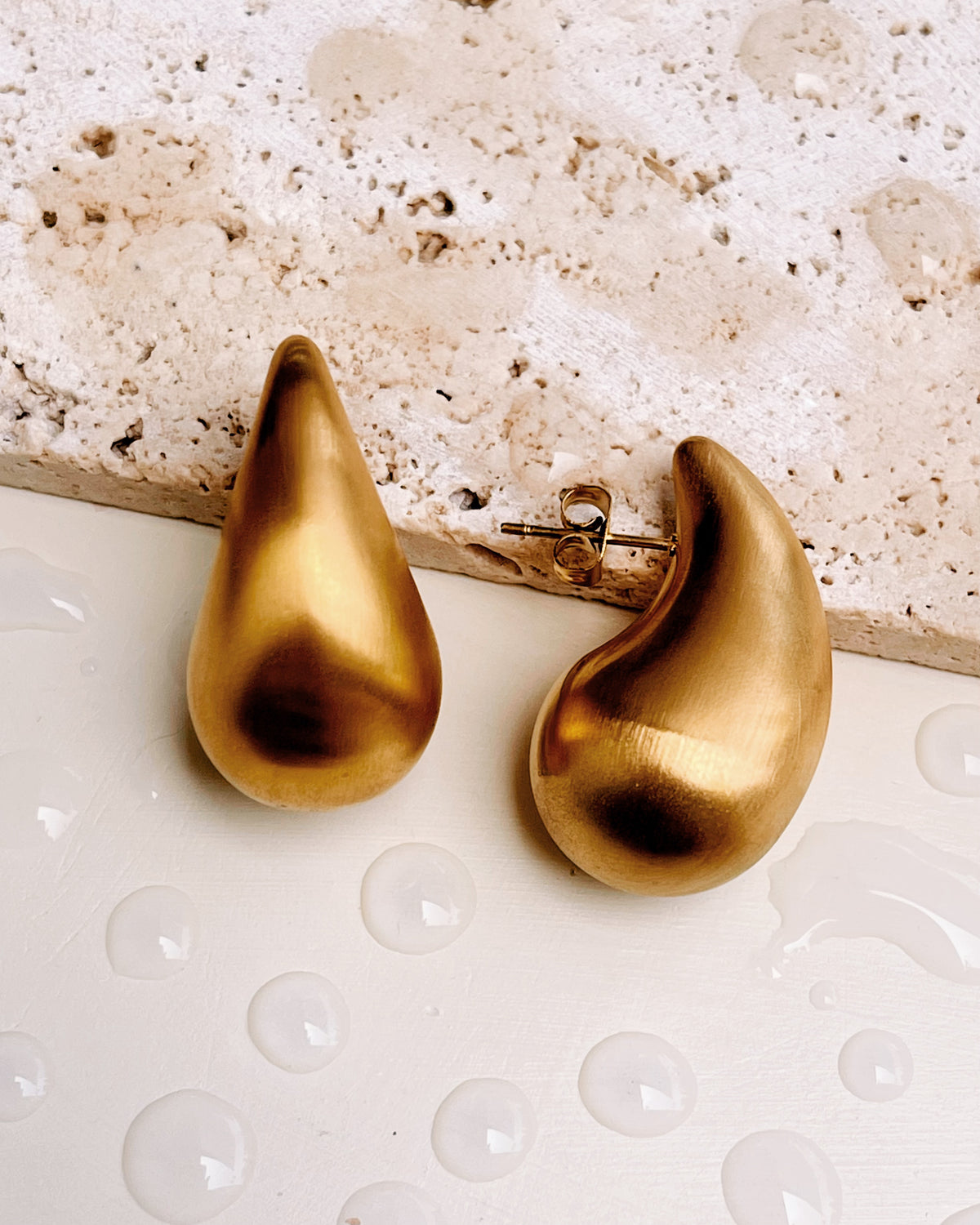 Bonnie Water Drop Matte Finish Design Gold Stud Drop Earrings