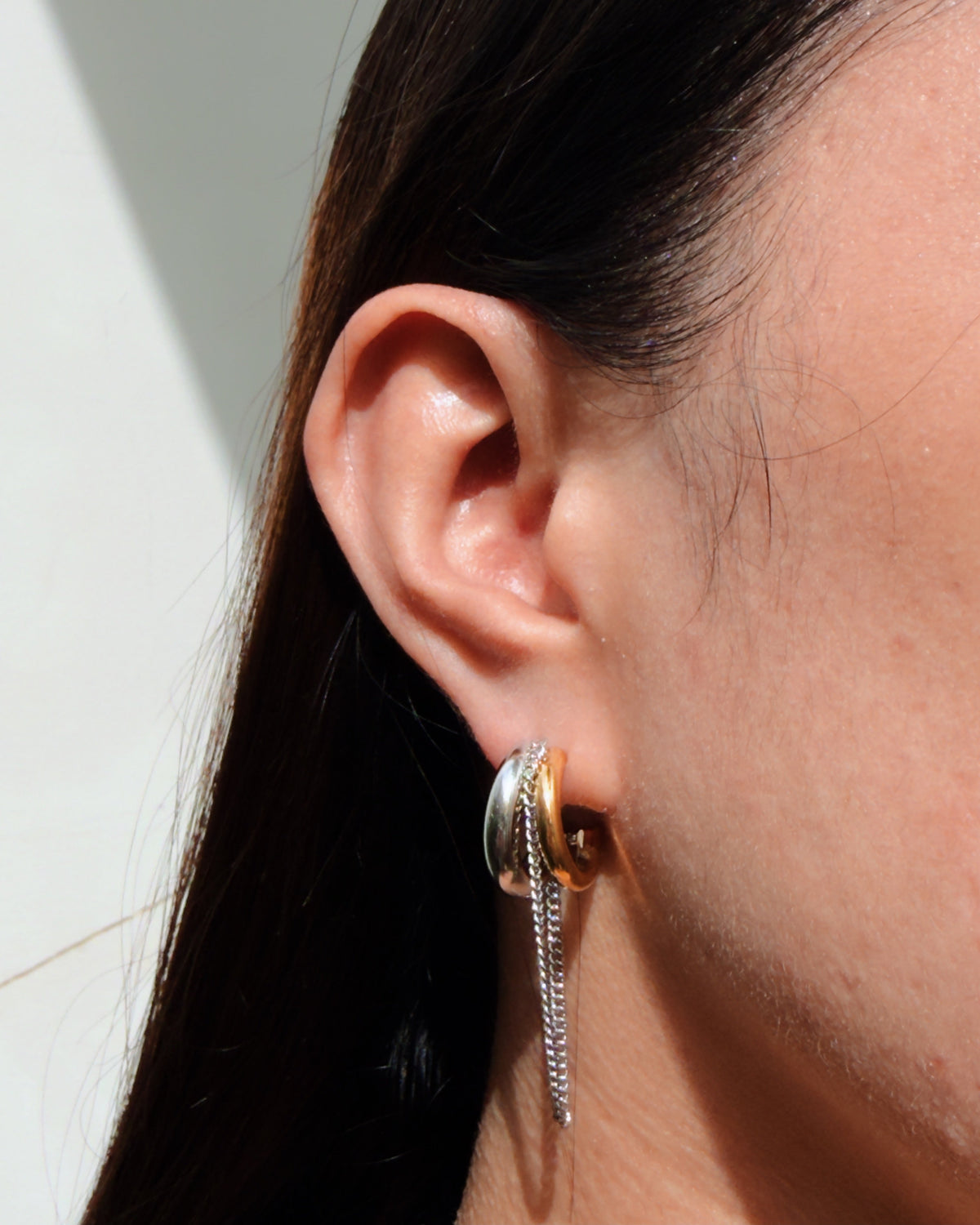 Novah (Two Tone) Double Layer Silver Gold C-Shaped Hoops Silver Chain Drop Earrings