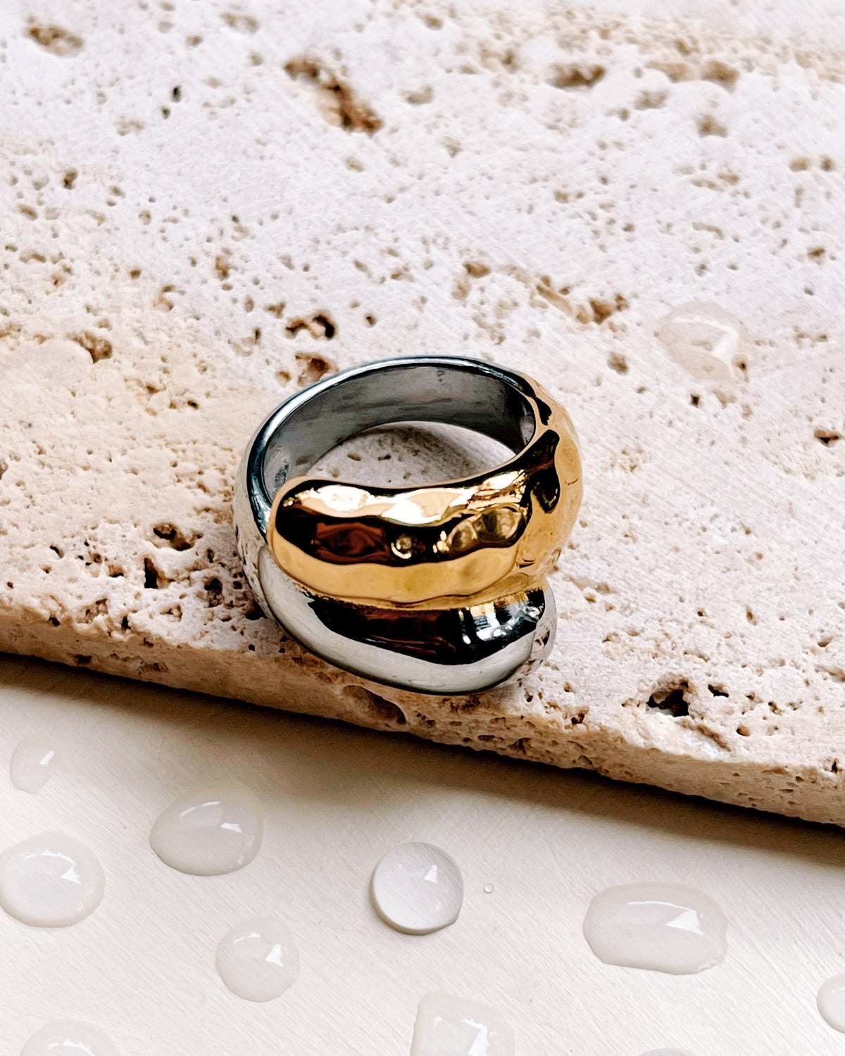 Gillian Two Tone Smooth Silver Textured Gold Interlock Design Ring