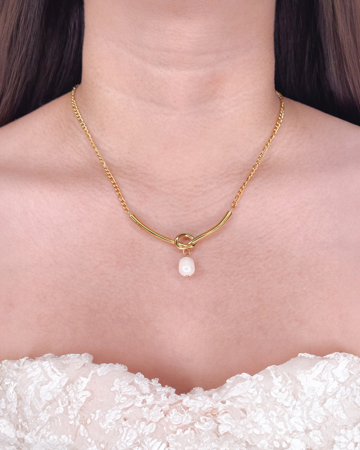 Eden Figaro Chain V-Shaped Interlaced Long Bar Pendant Pearl Drop Centerpiece Gold Necklace