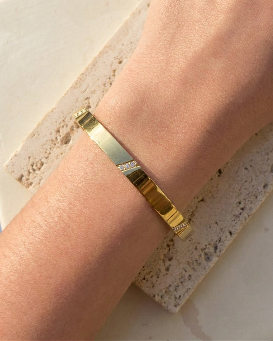 Eirwen Zircon Paved Slant Accent Flat Rounded Smooth Thin Solid Closed Bangle