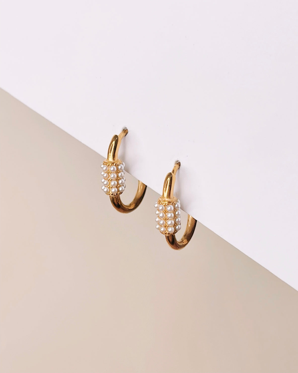 Mina Carabiner Shaped Imitation (Shell) Pearl Paved Gold Hoops