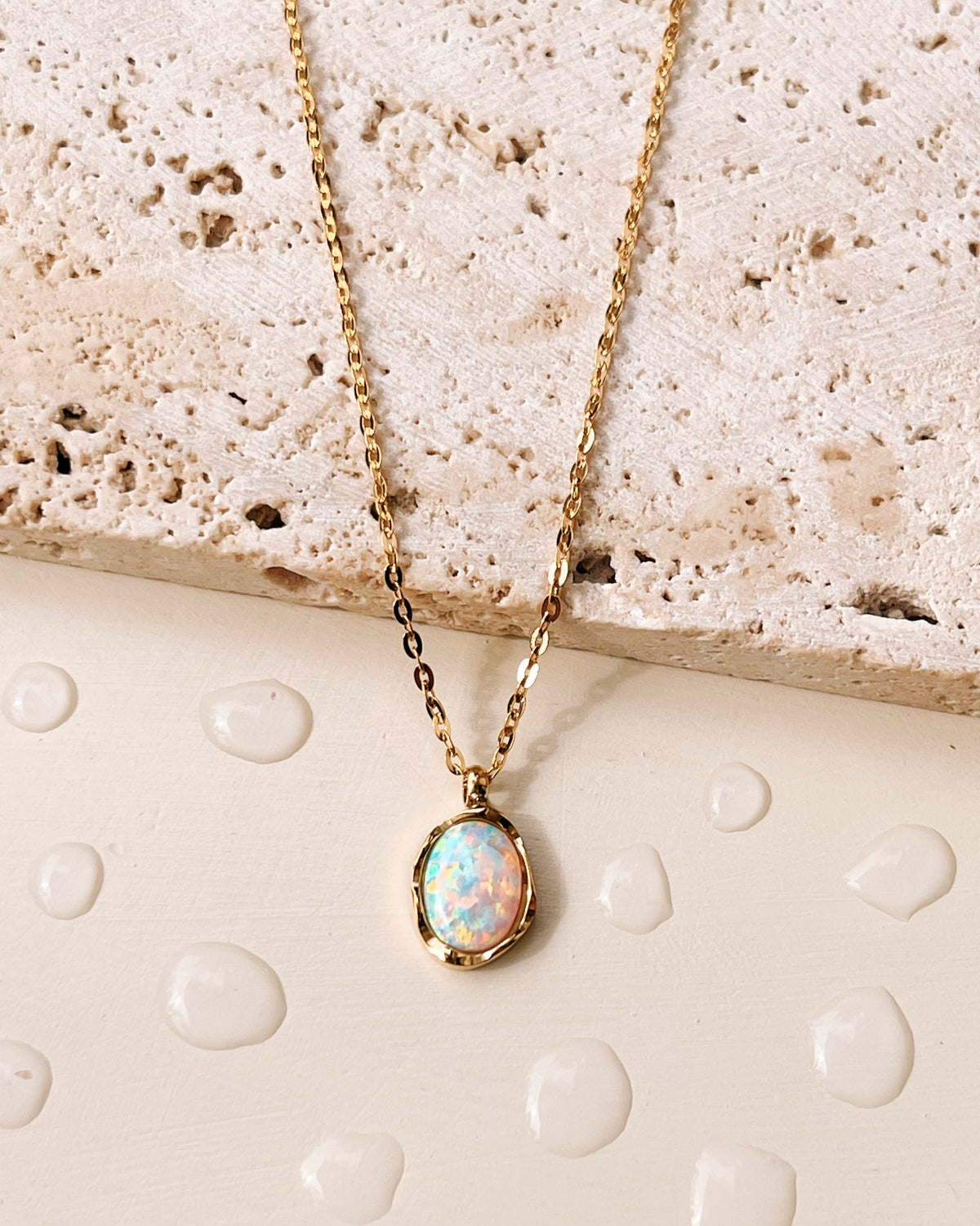 Brandi Opal Bezel Set Design Pendant Classic Thin Link Chain Gold Necklace