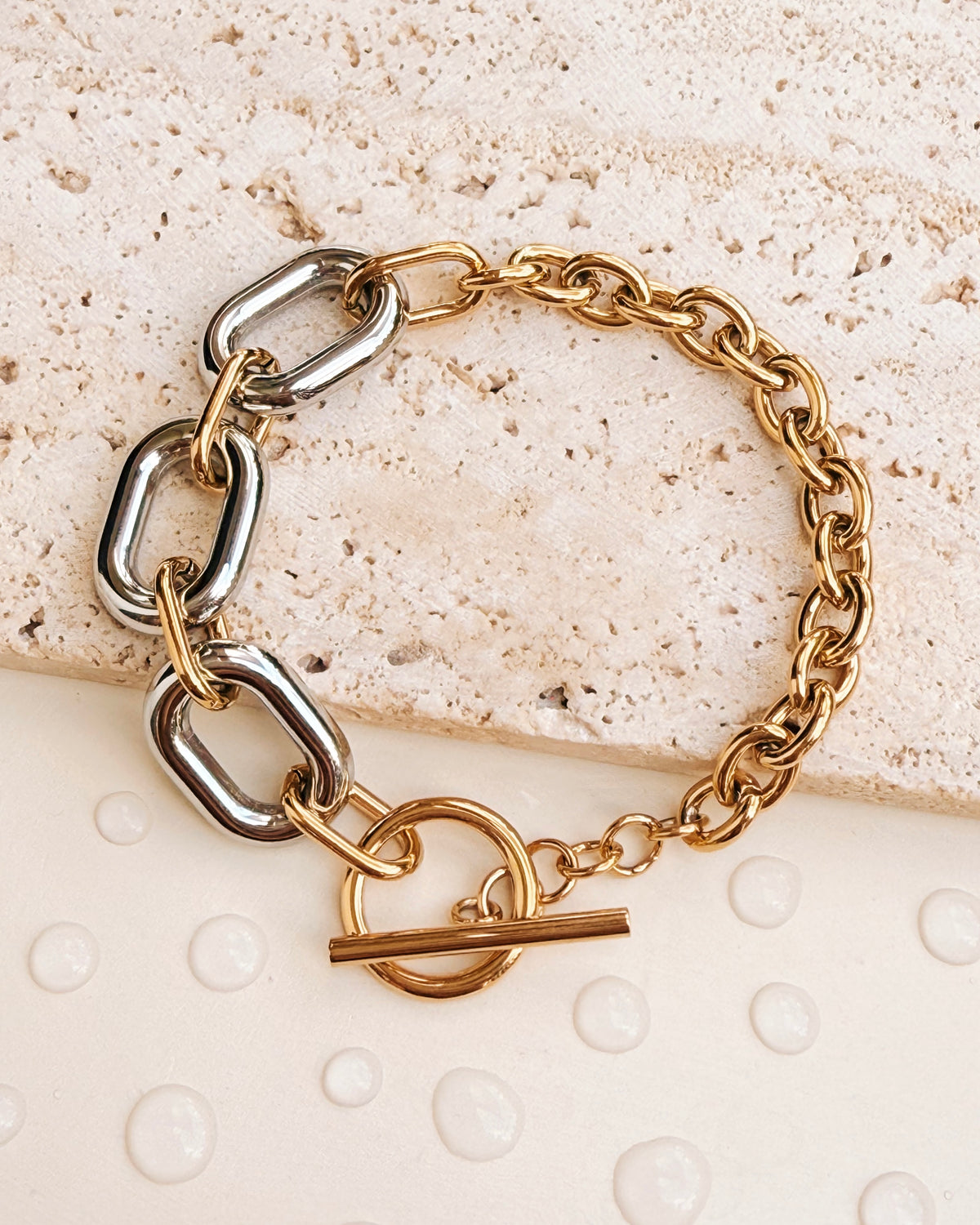 Clarene (Two Tone) Dual Design Half Small Round Hoops Gold Chain Half Big Oval Link Silver Chain O/T Lock Bracelet