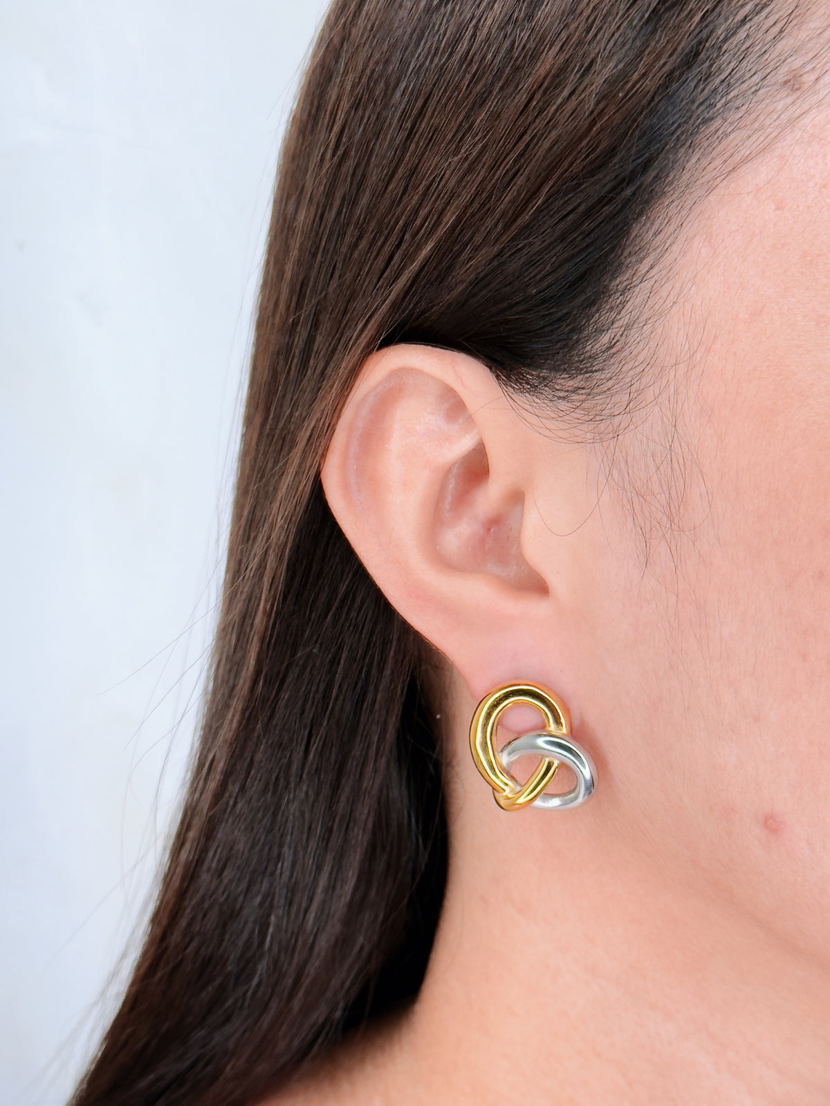 Maricel (Two Tone) Silver Gold Chunky Pretzel Shaped Stud Earrings