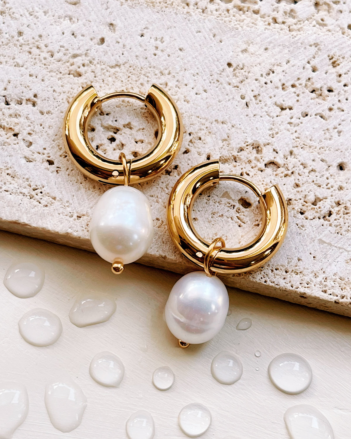 Dorothy (Gold) Classic Round Thick Huggies Baroque Freshwater Pearl Dangle Drop Earrings