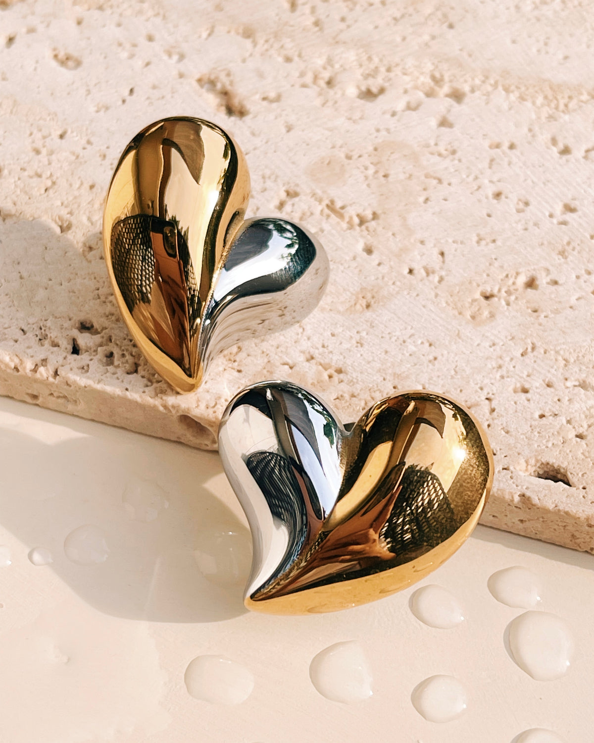 Azalea (Two Tone) Half Silver Half Gold Chunky Heart Shaped Stud Earrings