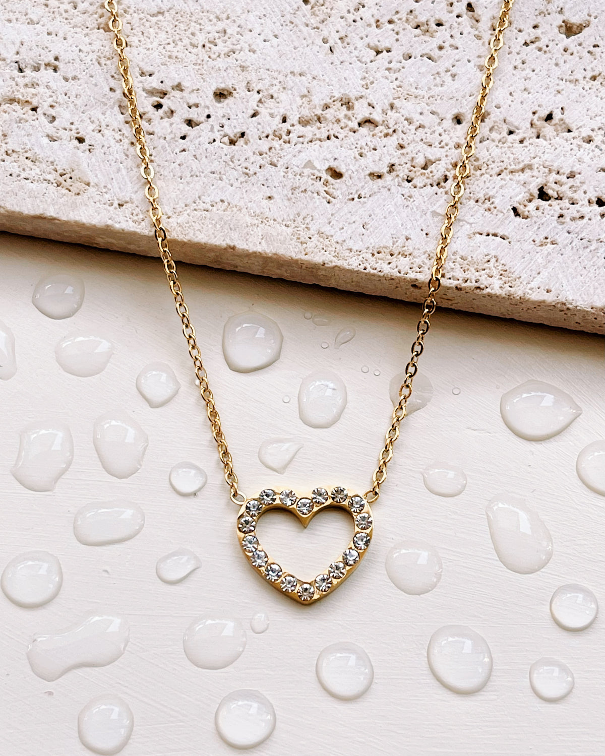 Destiny Zircon Paved Hollow Heart Pendant Thin Link Chain Gold Necklace