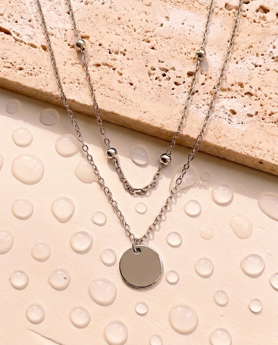 Nadine (Silver) Double Layer Beaded Chain Disc Pendant Silver Necklace